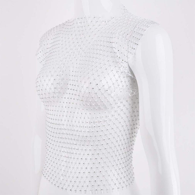 FlyCC Women Sexy Mesh Tank Tops Rhinestone Glitter See Through Hollow Out Crop Tops for Rave,Party,Clubwear - Image 3